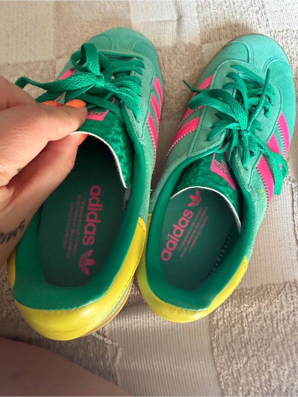 adidas Women’s Teal Suede Sneakers with Pink Three Stripes and Yellow Heel - Picture 6 of 7